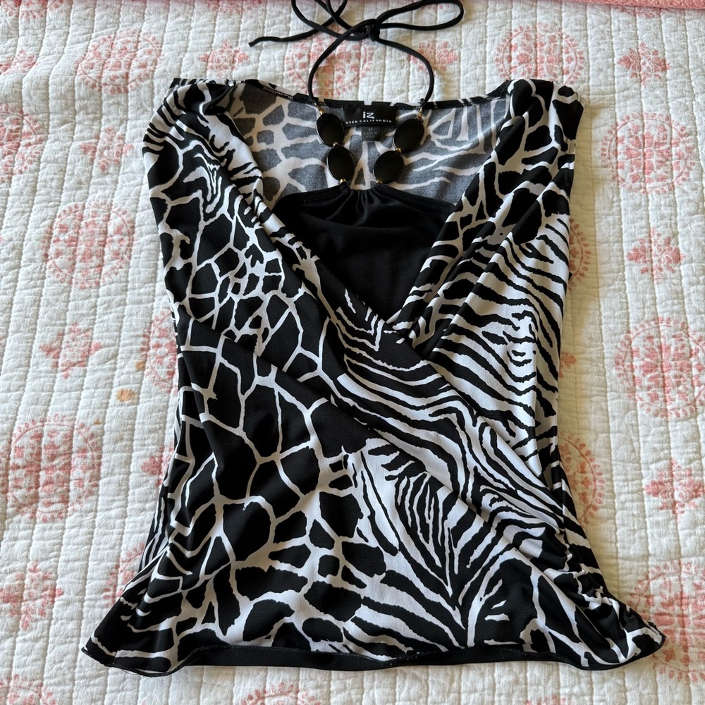 Vintage Y2K 90s Halter Beaded Animal Print Going Out Top